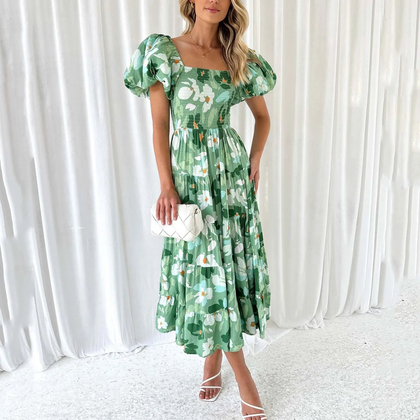 Elegant Floral Printed Dress For Women Off Shoulder Puff Sleeve Midi Summer New Sexy Backless Slash Neck Casual Dress