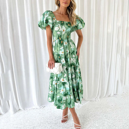 Elegant Floral Printed Dress For Women Off Shoulder Puff Sleeve Midi Summer New Sexy Backless Slash Neck Casual Dress