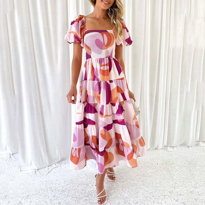 Elegant Floral Printed Dress For Women Off Shoulder Puff Sleeve Midi Summer New Sexy Backless Slash Neck Casual Dress