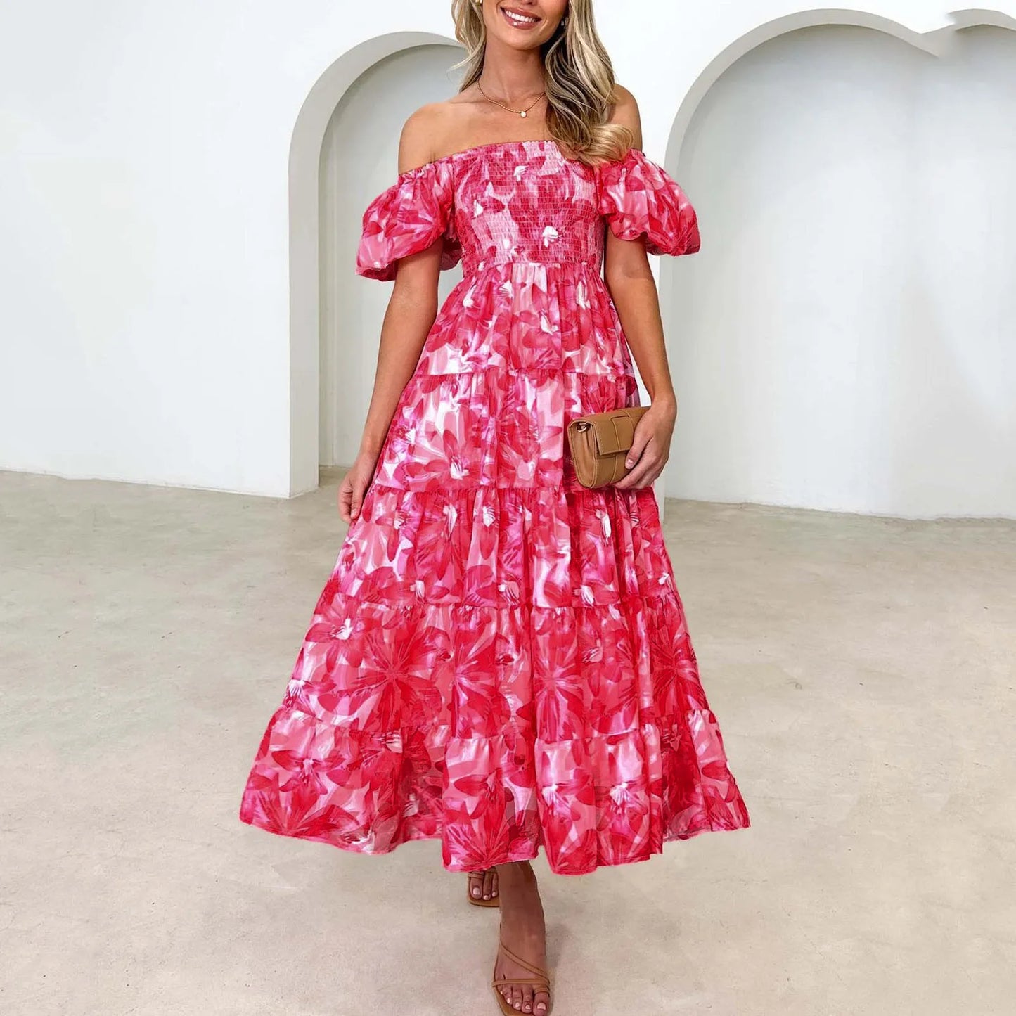 Elegant Floral Printed Dress For Women Off Shoulder Puff Sleeve Midi Summer New Sexy Backless Slash Neck Casual Dress