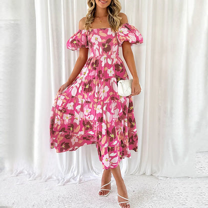 Elegant Floral Printed Dress For Women Off Shoulder Puff Sleeve Midi Summer New Sexy Backless Slash Neck Casual Dress