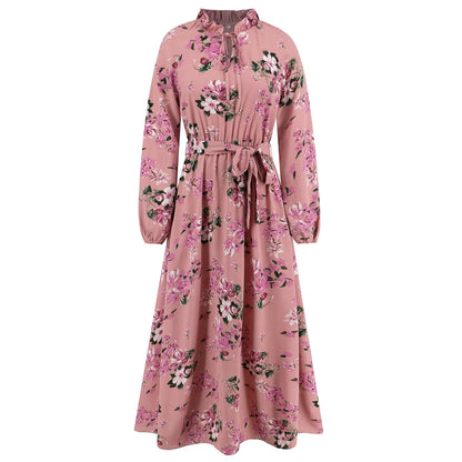 Elegant Pleated Long Sleeve Floral Maxi Casual Fashion Temperament Lace Up Dress