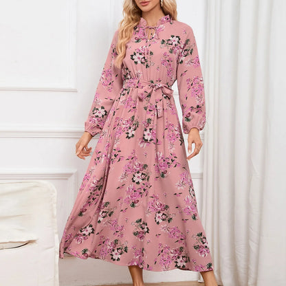 Elegant Pleated Long Sleeve Floral Maxi Casual Fashion Temperament Lace Up Dress