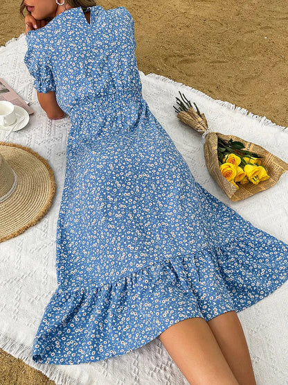 2024 Elegant Blue V Neck Casual Summer Beach Boho Dress