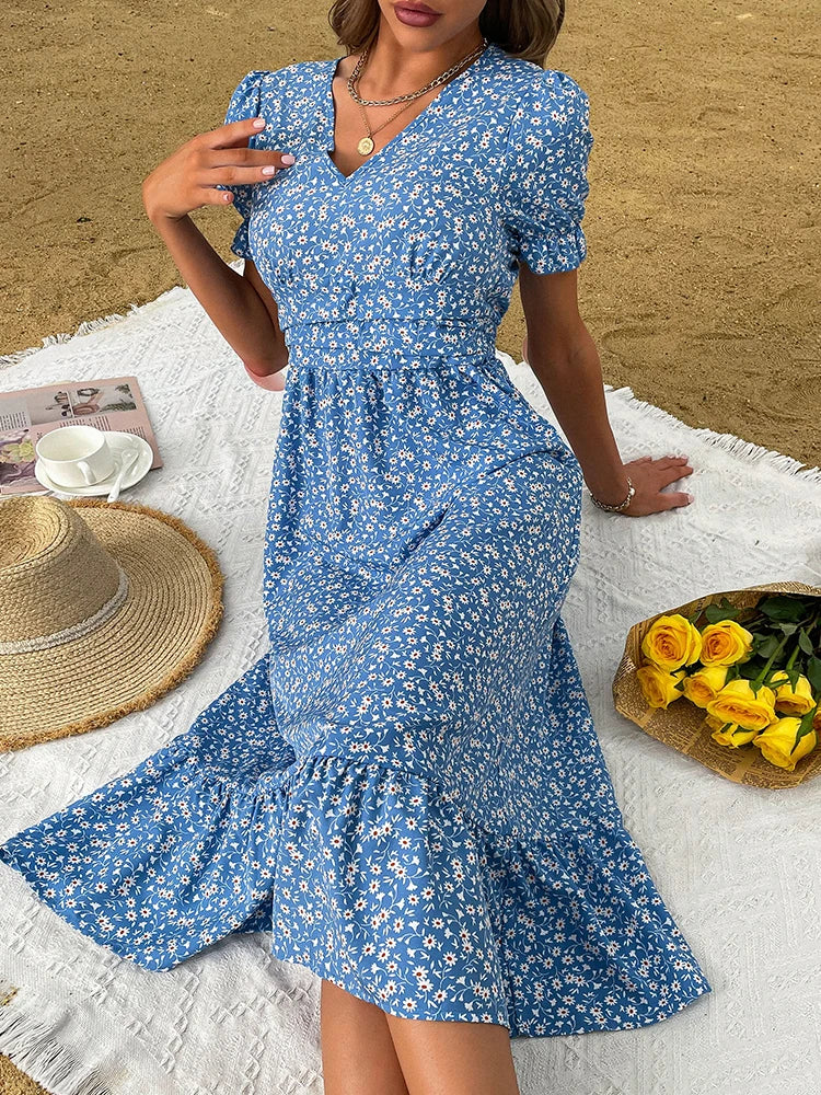 2024 Elegant Blue V Neck Casual Summer Beach Boho Dress