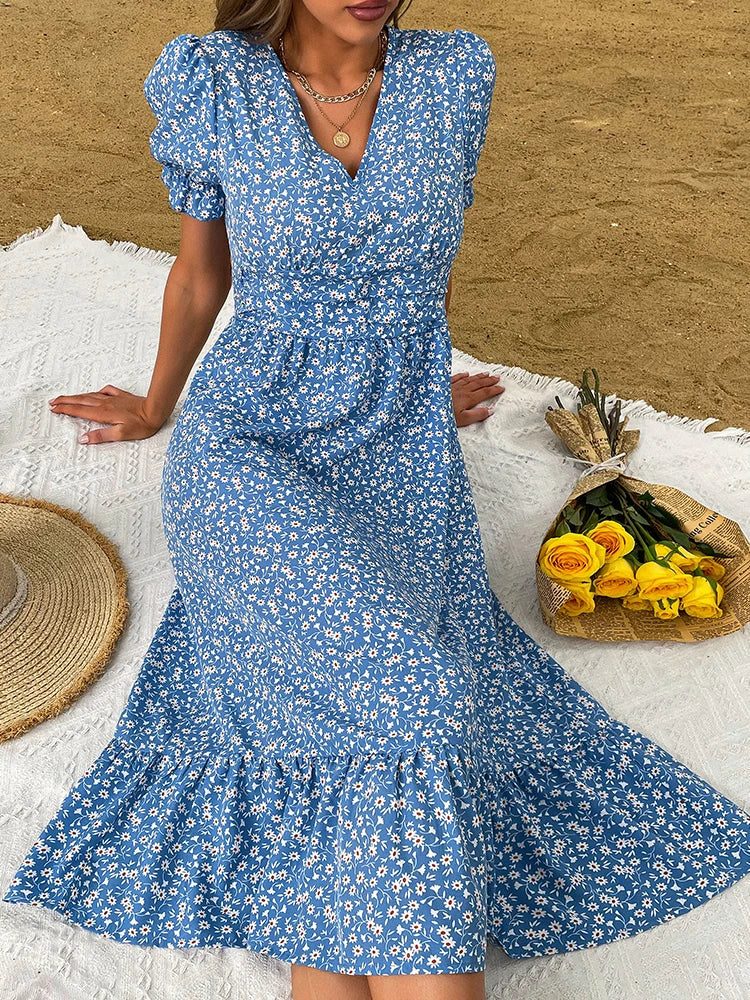 2024 Elegant Blue V Neck Casual Summer Beach Boho Dress