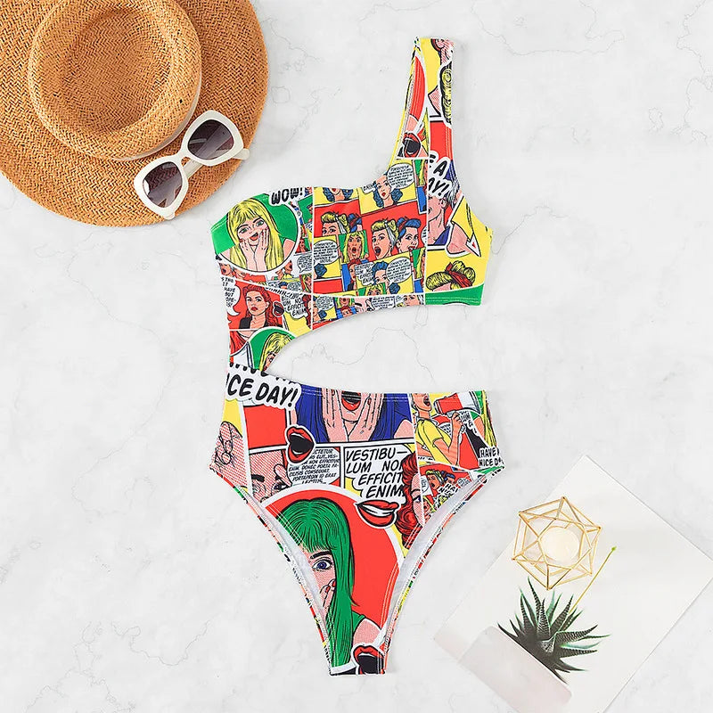 2024 One piece Printed One Shoulder Crop Basic Swimsuits