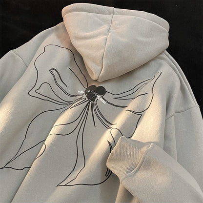 Loose Bowknot Printed Zipper Jacket Hoodie