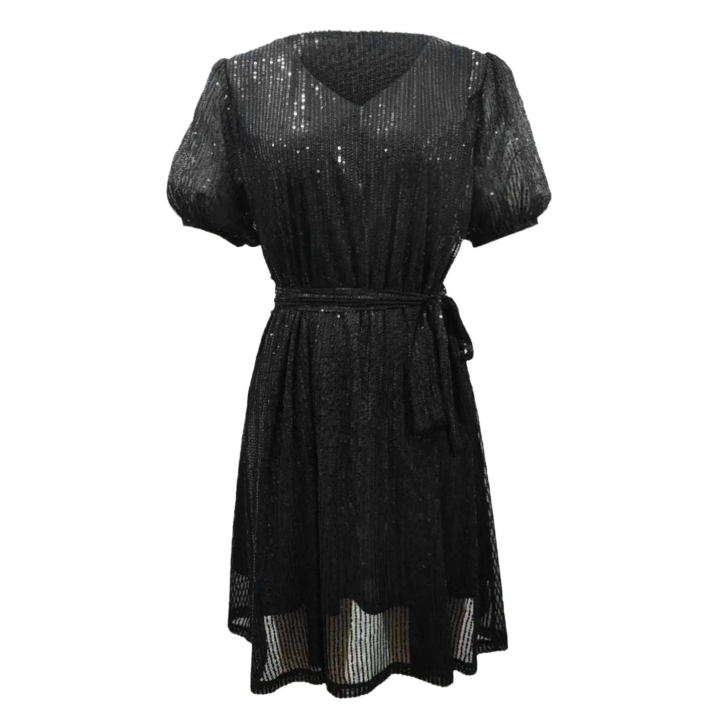 Fashion Mini Sequin Short Sleeve Belt Waist Party Elegant Loose Baggy Dress