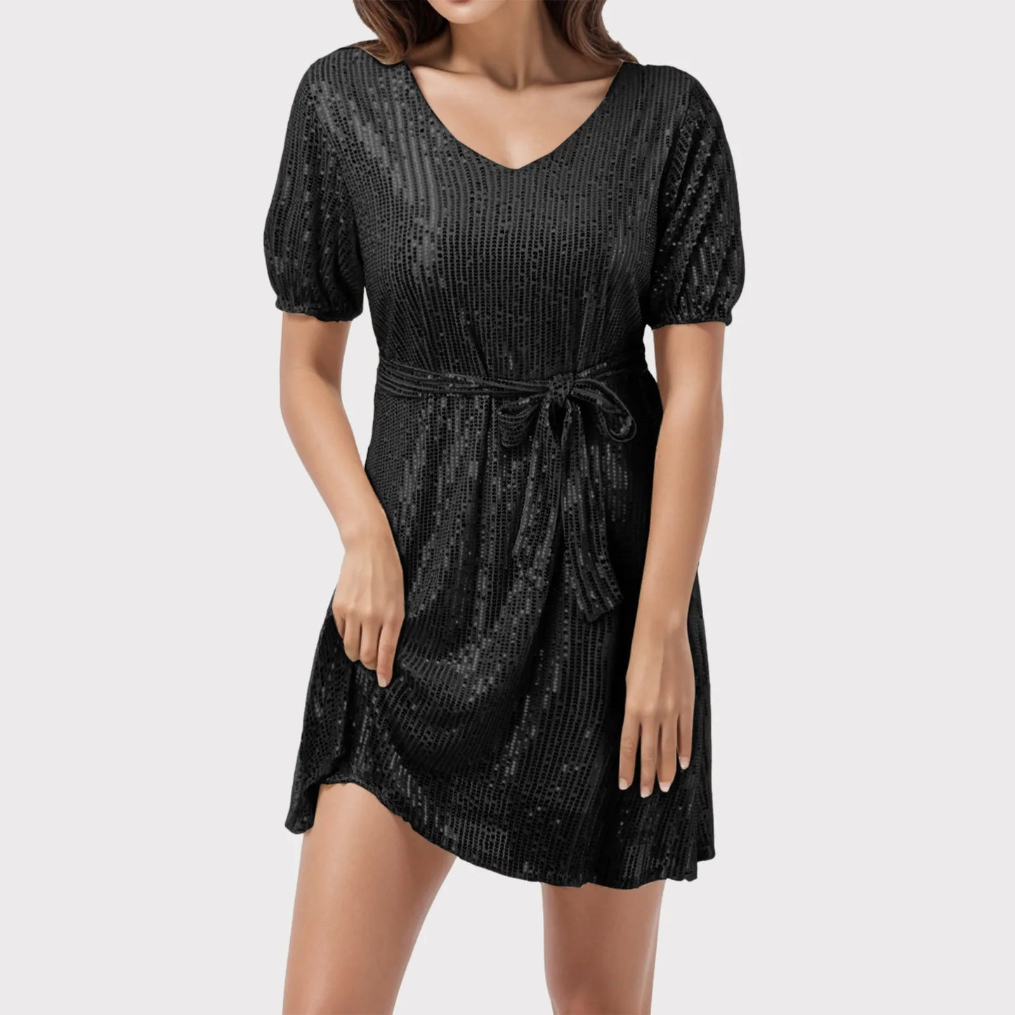 Fashion Mini Sequin Short Sleeve Belt Waist Party Elegant Loose Baggy Dress