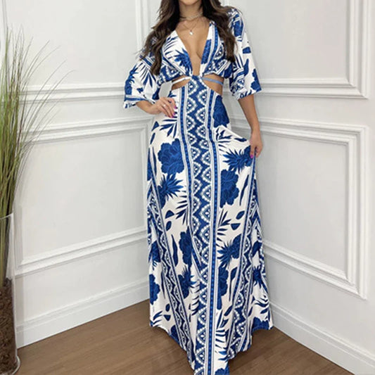 2024 Vintage Print Loose Hem Sexy Deep V Neck Boho Dress