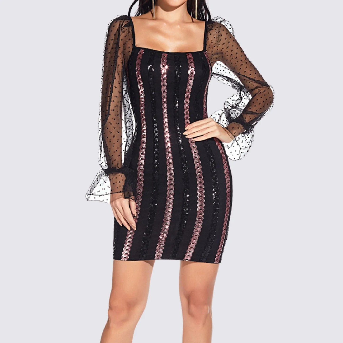 Square Collar Bodycon Bubble Long Sleeve Mesh Patchwork Striped Sequined Glitter Midi Party Fashion Women Dress