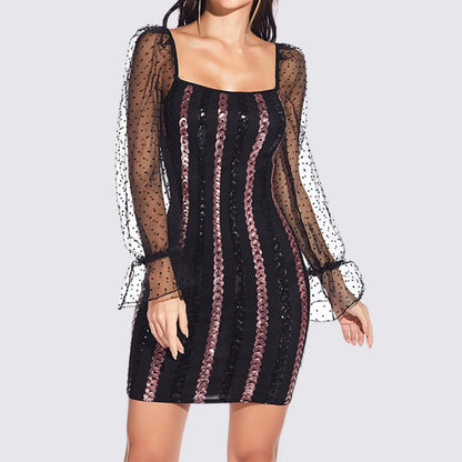 Square Collar Bodycon Bubble Long Sleeve Mesh Patchwork Striped Sequined Glitter Midi Party Fashion Women Dress