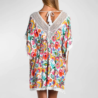 Floral Printed  Splicing Lace  Beach Cover-up  Women  Robe  Sexy  Elastic Waist  Summer  Mini  Casual  Bikini Robe Boho Dress