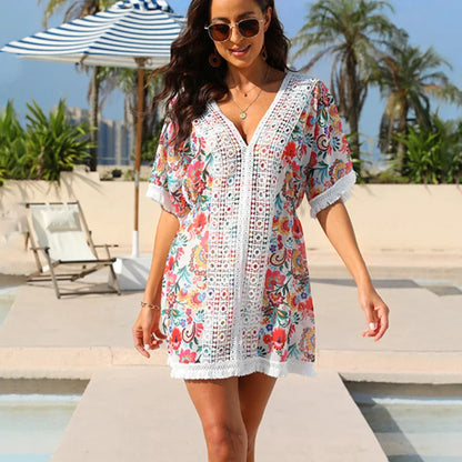 Floral Printed  Splicing Lace  Beach Cover-up  Women  Robe  Sexy  Elastic Waist  Summer  Mini  Casual  Bikini Robe Boho Dress