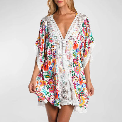 Floral Printed  Splicing Lace  Beach Cover-up  Women  Robe  Sexy  Elastic Waist  Summer  Mini  Casual  Bikini Robe Boho Dress