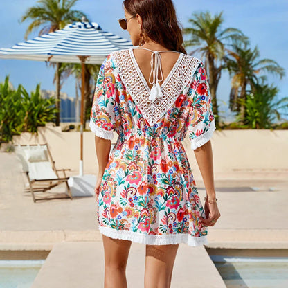 Floral Printed  Splicing Lace  Beach Cover-up  Women  Robe  Sexy  Elastic Waist  Summer  Mini  Casual  Bikini Robe Boho Dress