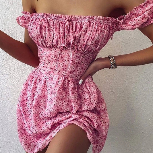 2024 Elegant Off-Shoulder Floral Mini Dress Boho Dress