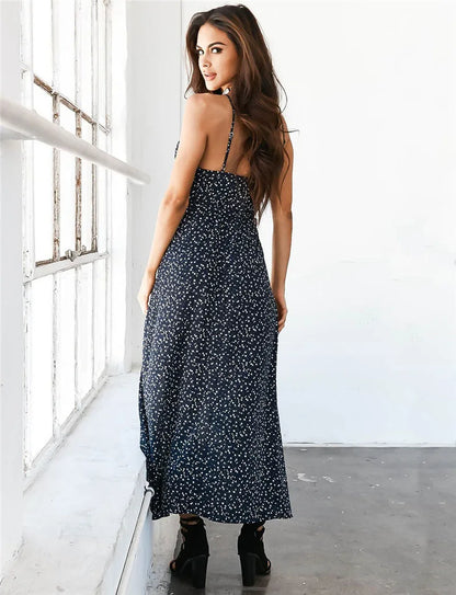 2024 Floral Print Spaghetti Strap Sexy Split Maxi Boho Dress