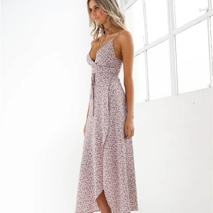 2024 Floral Print Spaghetti Strap Sexy Split Maxi Boho Dress