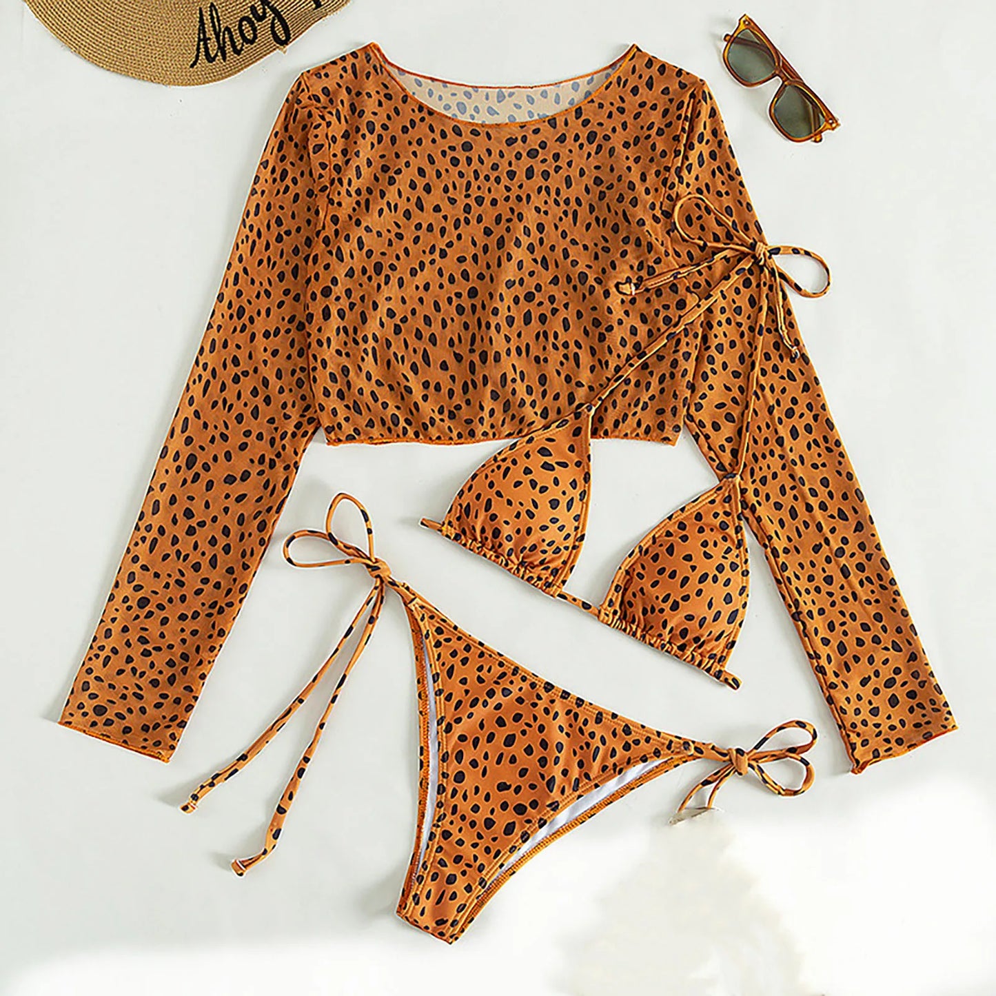 Leopard Printed Long Sleeve Cropped Three-Pieces Bather Bikini Sets