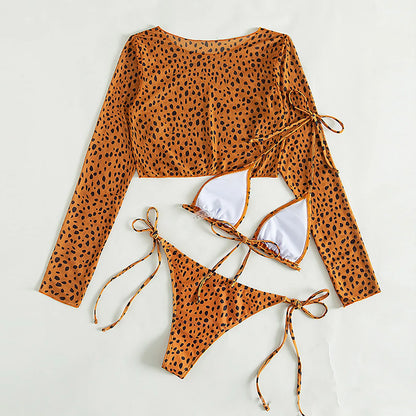 Leopard Printed Long Sleeve Cropped Three-Pieces Bather Bikini Sets