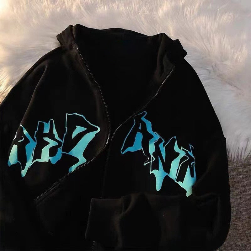 Letter Print Zip Up Hoodies