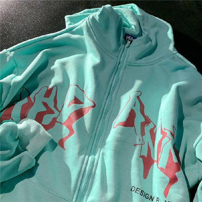 Letter Print Zip Up Hoodies