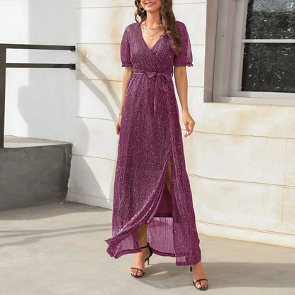 Luxury Ankle Length Belt Sequin V Neck Short Sleeve Elegant Party Maxi Dress