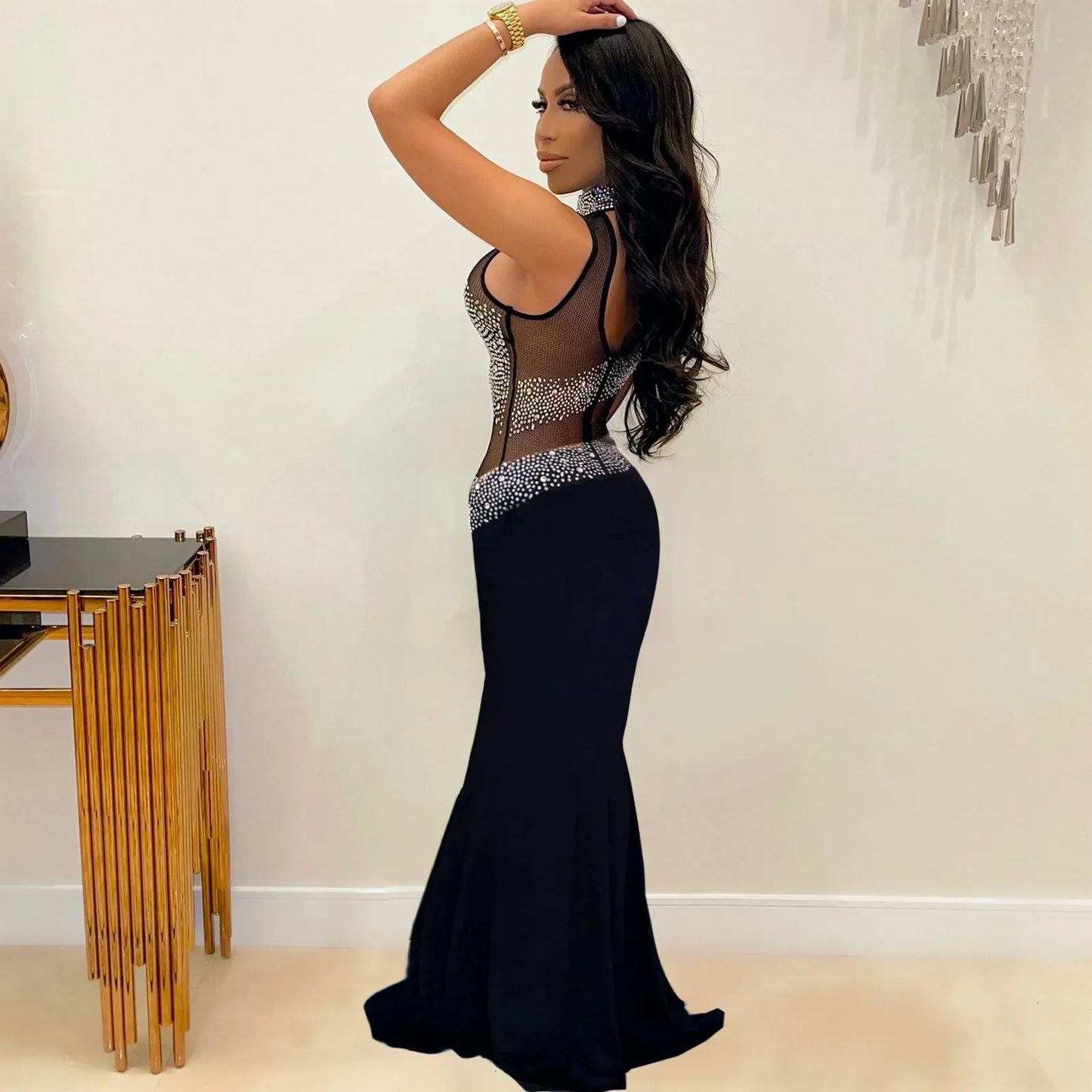 Mesh Rhinestone Elegant And Pretty Single Sleeve Maxi Party Gown Bodycon Womens Gown Women Dress