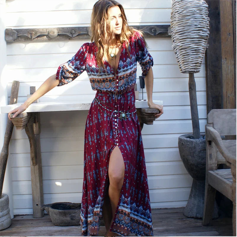 New  Chic  Floral Print  Maxi  Long  V-neck  Hippie  Casual  Bohemia  XXXL Boho Dress