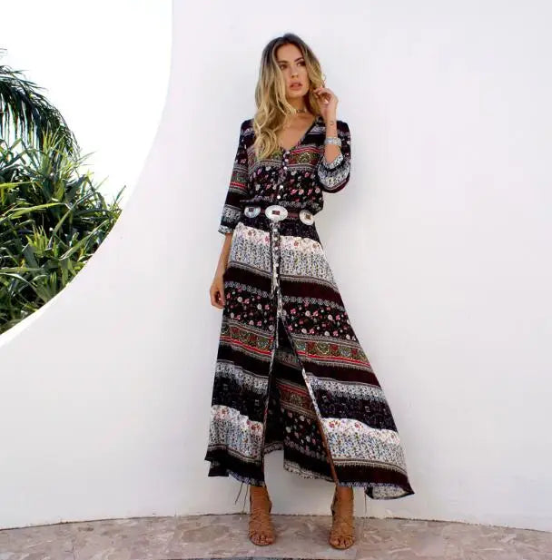 New  Chic  Floral Print  Maxi  Long  V-neck  Hippie  Casual  Bohemia  XXXL Boho Dress