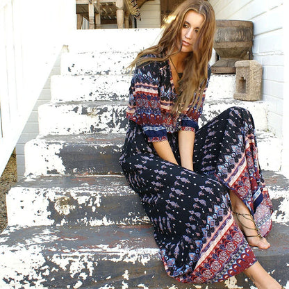 New  Chic  Floral Print  Maxi  Long  V-neck  Hippie  Casual  Bohemia  XXXL Boho Dress