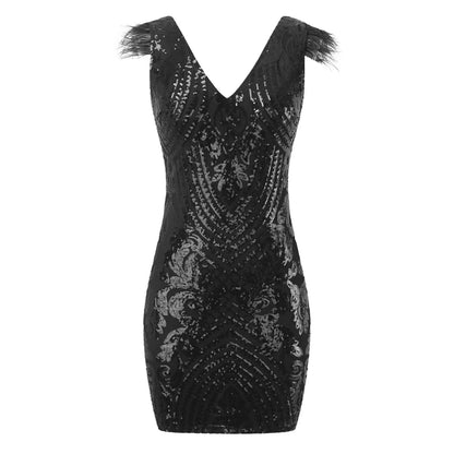 Deep V Neck Short Cocktail Party Sequin Fashion Slim Fitting Bodycon Mini Dress