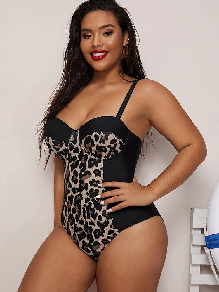 2024 Trendy One-Piece Leopard Print Plus Size Swimsuits