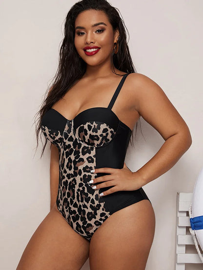 2024 Trendy One-Piece Leopard Print Plus Size Swimsuits