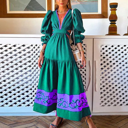 2024 Hollow Out Waist Patchwork Maxi Boho Dress