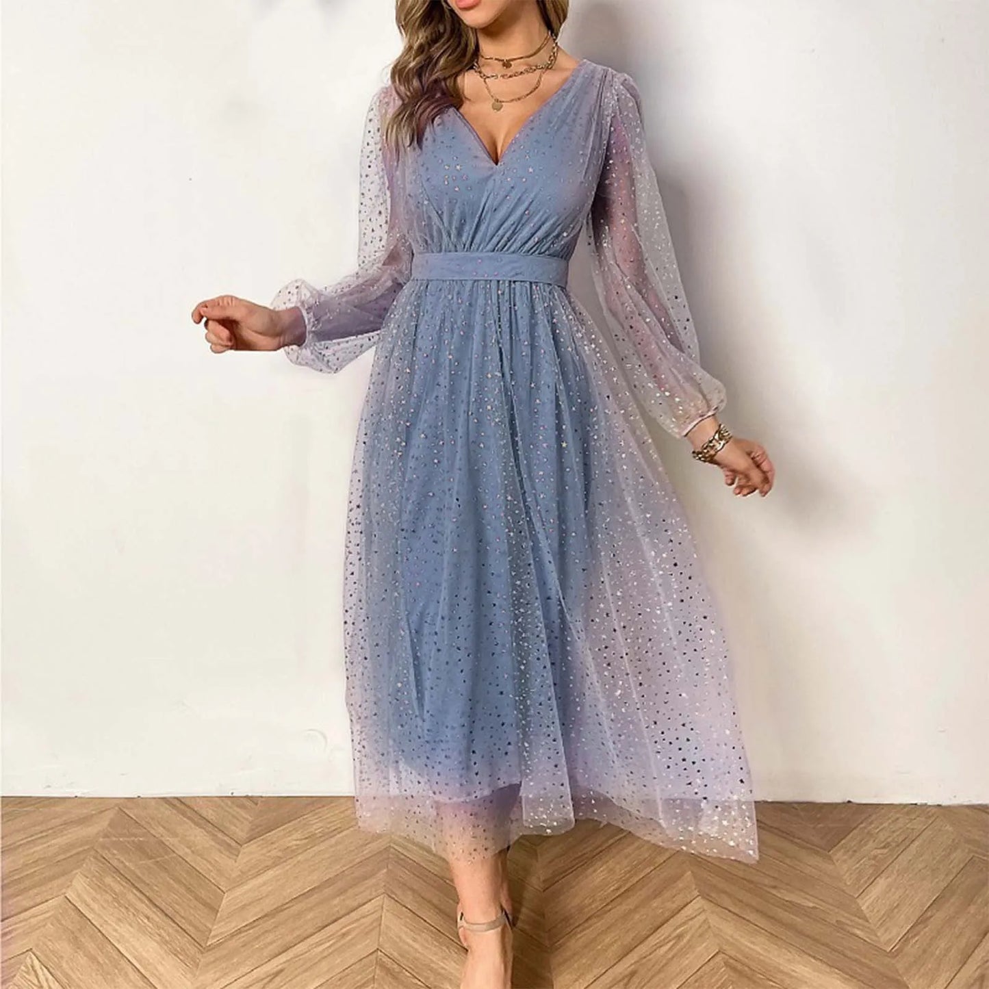 Evening Sequins Mesh Tulle Long Sleeve Elegant Banquet Dress