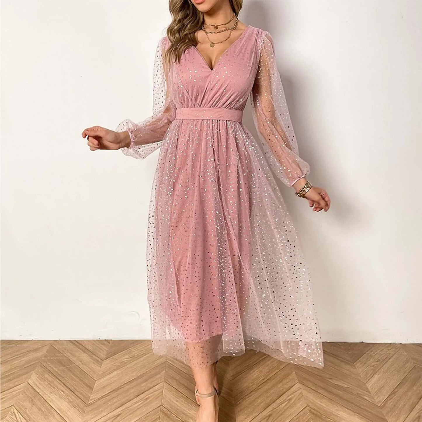 Evening Sequins Mesh Tulle Long Sleeve Elegant Banquet Dress