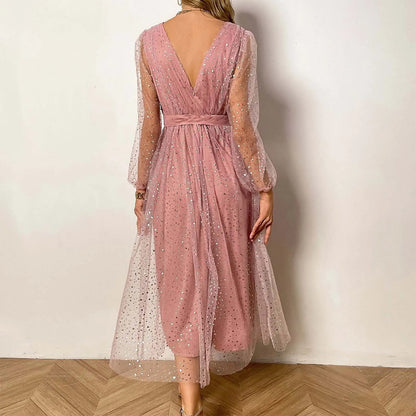 Evening Sequins Mesh Tulle Long Sleeve Elegant Banquet Dress