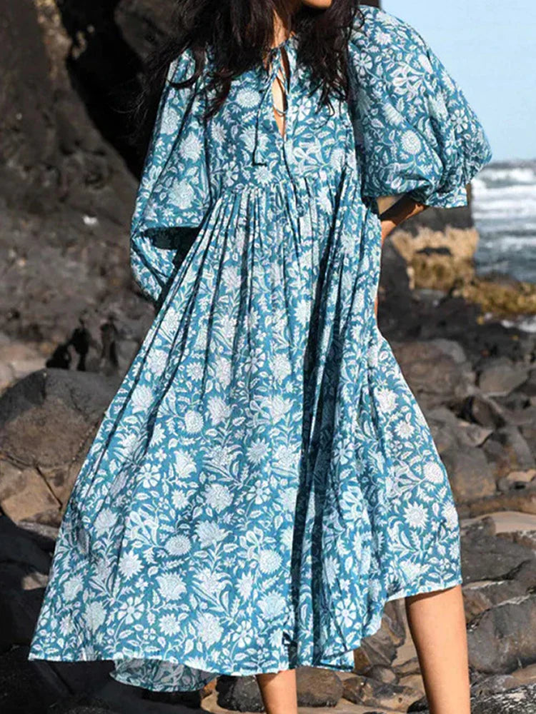 2024 Oversized Elegant Floral Printed Fashion Lantern Sleeve Boho Dress