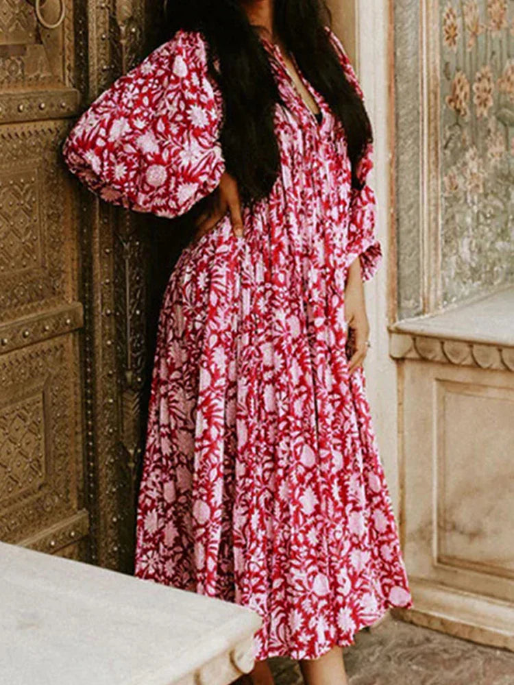 2024 Oversized Elegant Floral Printed Fashion Lantern Sleeve Boho Dress