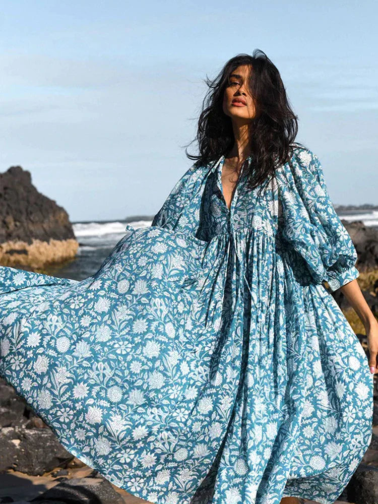 2024 Oversized Elegant Floral Printed Fashion Lantern Sleeve Boho Dress