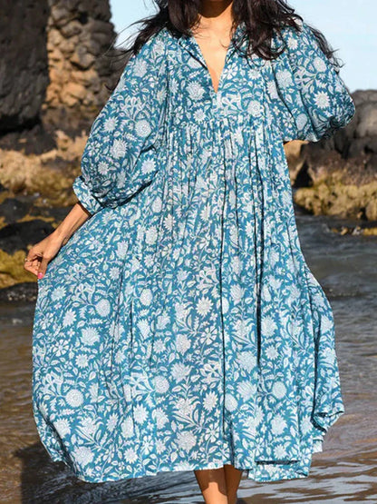 2024 Oversized Elegant Floral Printed Fashion Lantern Sleeve Boho Dress