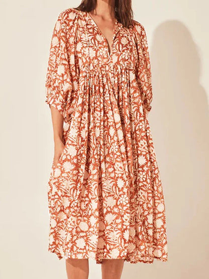 2024 Oversized Elegant Floral Printed Fashion Lantern Sleeve Boho Dress