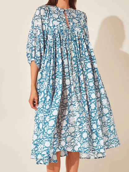 2024 Oversized Elegant Floral Printed Fashion Lantern Sleeve Boho Dress