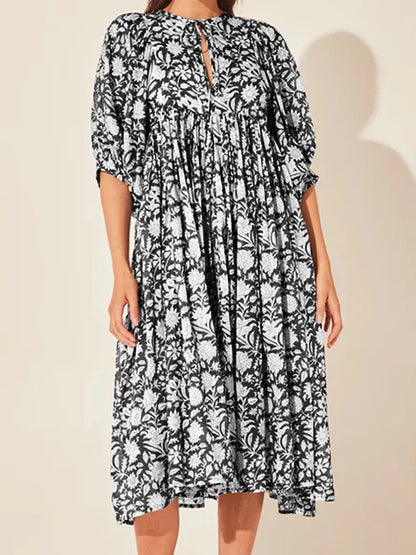 2024 Oversized Elegant Floral Printed Fashion Lantern Sleeve Boho Dress