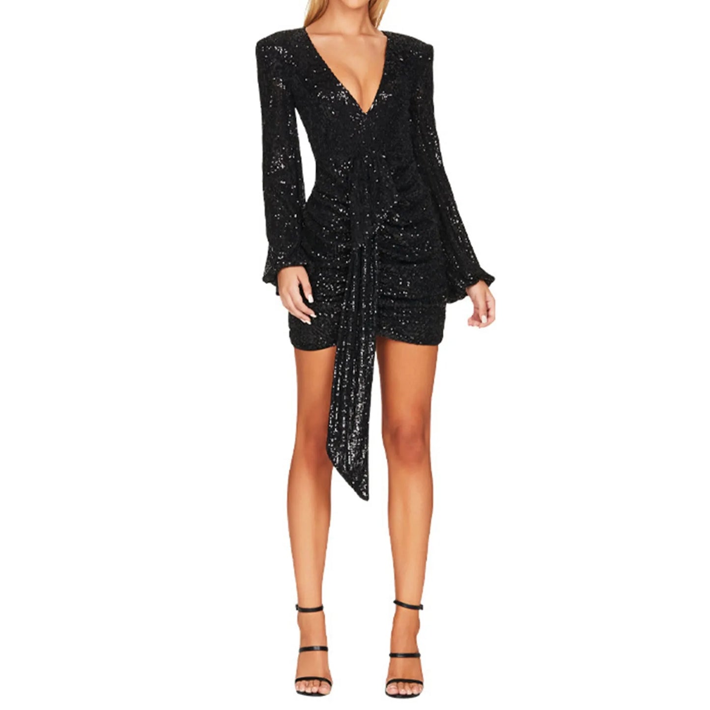 Plunging Neck Sequin Bodycon Sparkly Club Mini Long Sleeve Slim Fit Elegant Female V-Neck Wrap Hip Dress