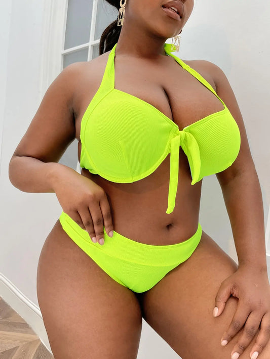 2024 Fashionable Pleated One Piece Neon Lime Push Up Plus Size Swimsuits