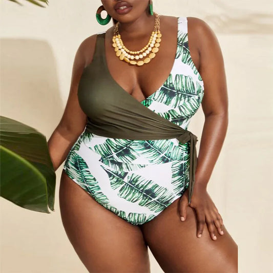 2024 Flattering Leaf Print Chic Patchwork Plus Size Swimsuits